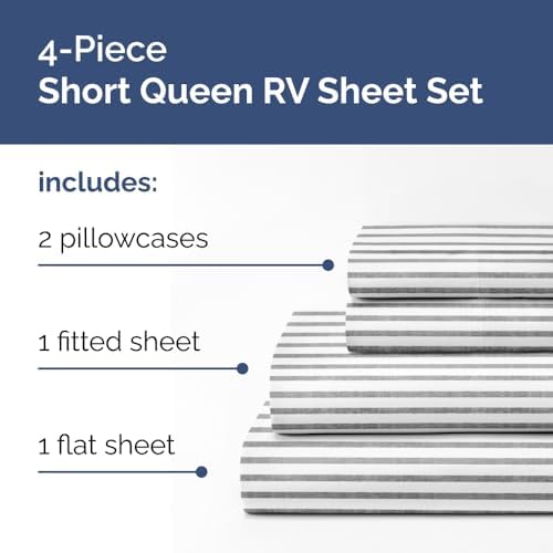 Short Queen Size 4 Piece Bed Sheet Set - RV Short Queen - Grey Stripes