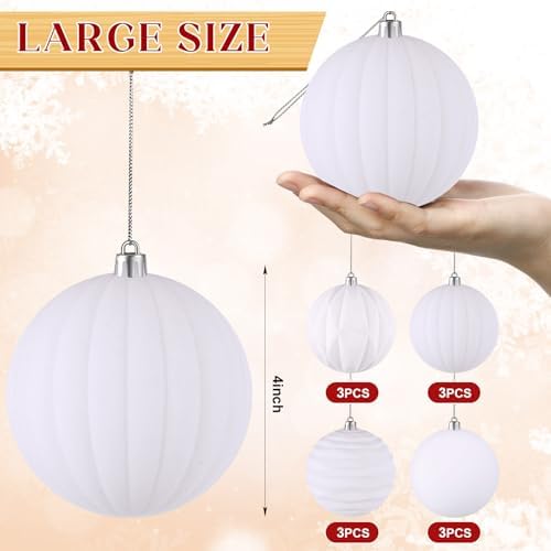 Liliful 4 Inch 12 Pcs Velvet Christmas Ornaments Balls, White