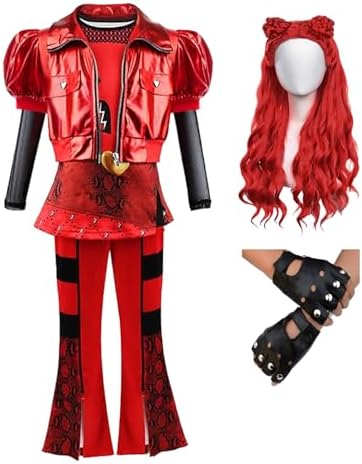 D.O.T Girls Rise Red Costume Includes Red Heart Jacket Shirt Flared Pants Wig Gloves 5pcs Halloween Princess Dress up 3-14Y