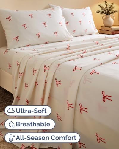 Christmas Sheet Set, Dainty Red Bows, Holiday Xmas Bedding Set - Cal King