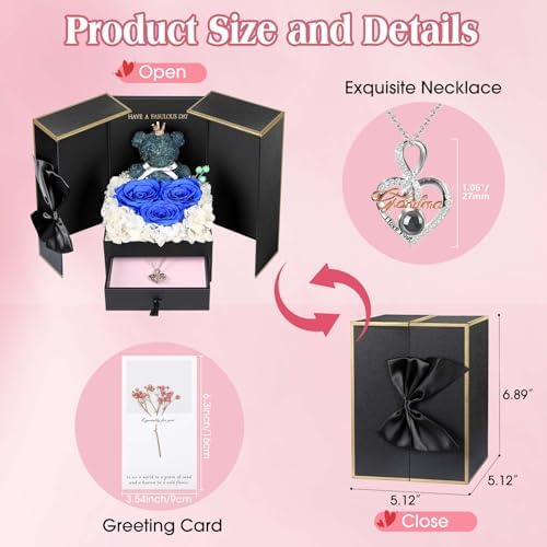 ADDWel Birthday Grandma Gifts, 925 Sterling Silver Grandma Necklace with Blue Preserved Real Roses & Teddy Bear, Birthday Gifts for Grandmother, Nana Gifts, Unique Jewelry Gift Box for Grandmother, Anniversary Presents