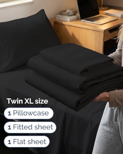 Twin XL Size 3 Piece Sheet Set - Comfy Breathable & Cooling Sheets - Black
