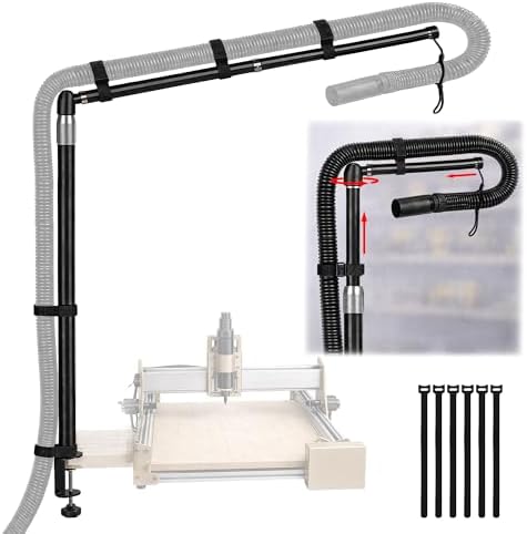 Dust collection boom arm, Adjustable Clamp Mount Hose Holder with 360° Rotatable Swivel Head & Two 40cm Extension Arms for CNC Lathe Woodworking Table Saw Router Table Dust Collection System