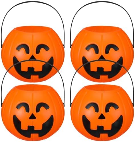 Beeveer 4 Pcs Plastic Pumpkin Buckets, Halloween Candy Baskets, Smile
