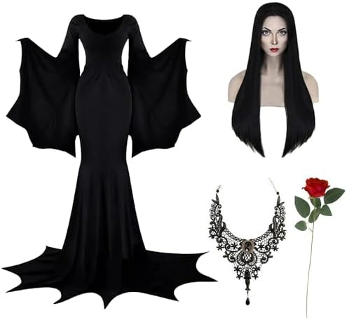 Aileam Halloween Morticia Addams Costumes Vintage Gothic Black Long Dress Outfit Women Wig Red Roses Flowers Necklace