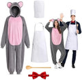 5 Pcs Adult Mouse and Chef Costume for Couples, Gray Rat Jumpsuit Set
