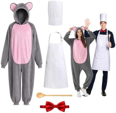 5 Pcs Adult Mouse and Chef Costume for Couples, Gray Rat Jumpsuit Set