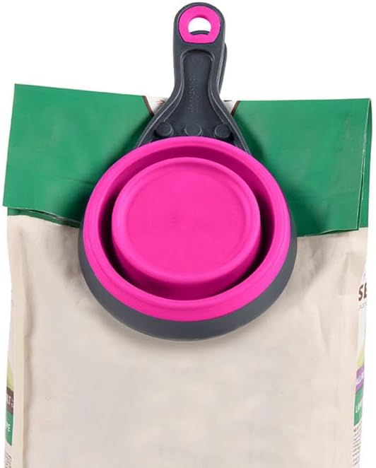 Dexas Popware for Pets Collapsible Klip Scoop, 3-in-1 Pet Food Scoop, Measuring Cup and Bag Clip, 2 Cup Capacity, Fuchsia