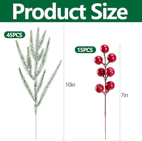 60 Pcs Christmas Snow Norfolk Pine Branches Red Berry Stems Faux Xmas Sprig