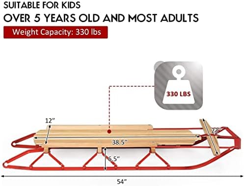 GLACER Wooden Sled, 54 Inches Snow Slider w/Metal Runners & Steering Bar, Sleigh Toboggan Pull Sled for Kids & Adults, Steel & Wood