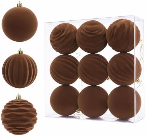 9Pcs Brown Velvet Christmas Ornaments 3.94In Balls for Christmas Tree Deco