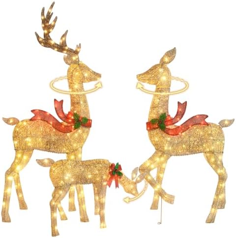 5.2FT Animatronic Christmas Reindeer Family Set - 3Pcs Large Lighted Christmas Deer with 300 LEDs & 3 Motors, Moving Heads and Stakes for Christmas Decorations Outdoor Yard - Gold