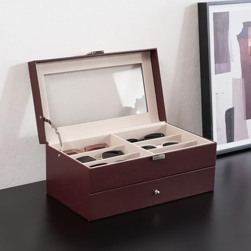 ProCase 12 Slots Sunglasses Organizer, 2 Layer Sunglass Case, Leather Eyeglass Cases for Display and Storage -Brown
