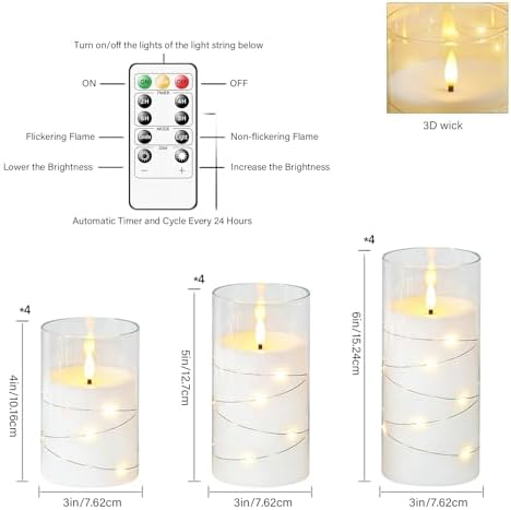 kakoya Flameless LED Candles with Timer 12 Pc Flickering Flameless Candles for Romantic Ambiance and Home Decoration Stable Acrylic Shell,with Embedded Star String，Battery Operated Candles(White)