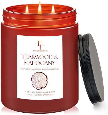 Teakwood & Mahogany Large Christmas Scented Candle, 3-Wick 22oz Long Lasting Scented Candle, Natural Soy Wax Aromatherapy Candle for Home, Holiday Candle Gifts for Women Men
