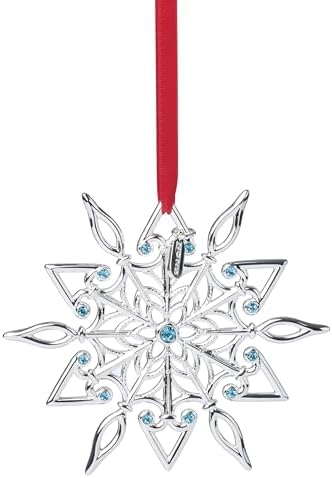 Lenox Ornament, 2025 Snow Majesty Silverplate Ornament, Stainless Steel Christmas Tree Decoration, Snowflake Design, Blue Jeweled Accents, Red Ribbon for Hanging, Christmas Decoration(Silver, 1 Piece)