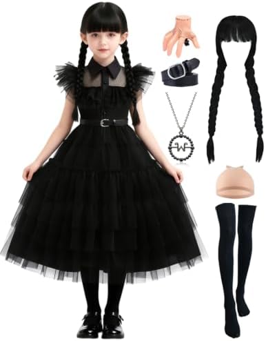 Long Black Gothic Dress Kids Girls Halloween Family Costume with Accessory