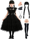 Long Black Gothic Dress Kids Girls Halloween Family Costume with Accessory