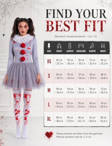 Women Halloween Scary Clown Costume with Bloody Tutu Dress and Face Gems
