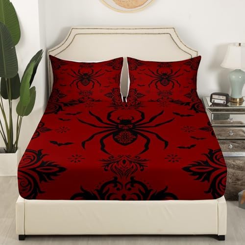 Black Red Spider Bed Sheet Queen Size Boho Paisley Sheets Sets Adults Bedroom Decor Bat Pattern Microfiber Bedding Set with Flat,Fitted Sheet,2 Pillow Cases