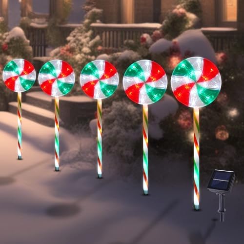 BRIGHTDECK 5 Pack Solar Christmas Pathway Lights, Lollipop Stakes