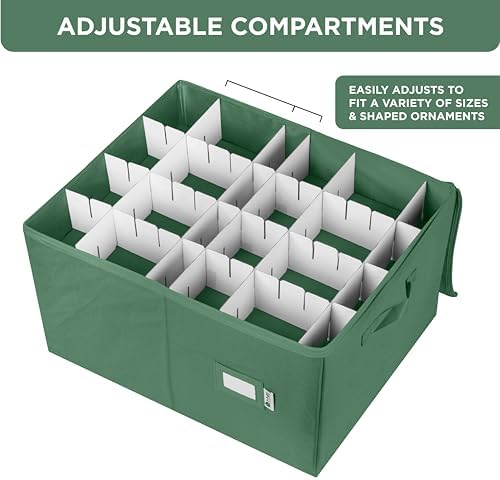 Christmas Ornament Storage Container with Dividers - Box Stores Up to 96 Ornaments, Zippered, Convenient, Adjustable, Large Organizer Bin to Protect Holiday Décor, Fits Most Standard Size, Green