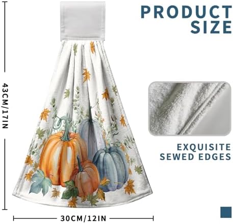 Fall Orange Blue Pumpkin Kitchen Hanging Towels Set of 2 Autumn Eucalyptus Maple Leaves Hand Towels with Hanging Loop Thanksgiving Dish Washcloth Soft Absorbent Bath Tie Towel
