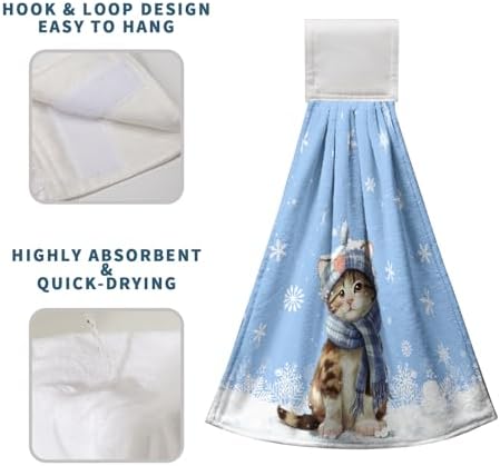 Winter Funny Cat Hanging Kitchen Towels Set of 2 Winter Snowflakes Hand Towel with Hanging Loop Cute Cat with Scarf Hanging Tie Towel Soft Absorbent Blue Dish Tea Towels for Bathroom 12x17 Inch