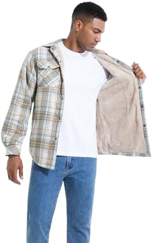 Men's Sherpa Cotton Flannel Shirt Jacket Plaid Button Coat Pocket