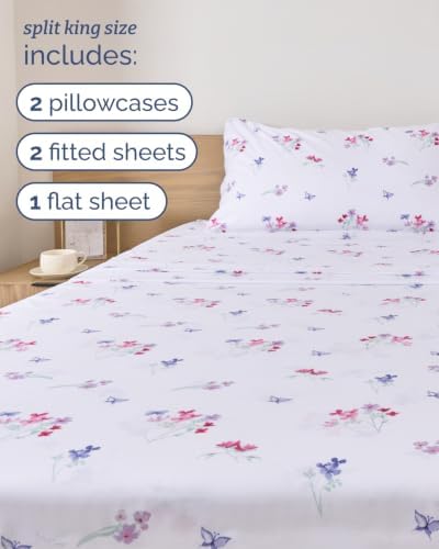 Split King 5 Piece Floral Sheet Set - Soft, Breathable & Cooling - Posy
