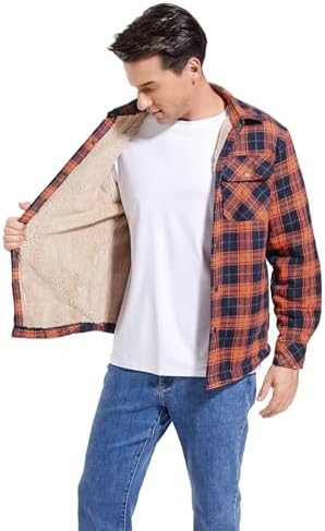 Men's Sherpa Cotton Flannel Shirt Jacket Plaid Button Coat Pocket
