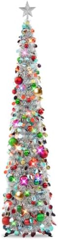 N&T NIETING Pop Up Christmas Tree with Lights, Collapsible Tinsel Xmas Tree Decorations, Pencil Christmas Tree Skinny Tree for Holiday Xmas Home Office Decor, 40 Balls, 6Ft, Silver