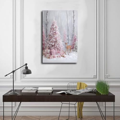 JDBeehpy Pink Christmas Tree and Gift Box Wall Art Unframed 24x36inch