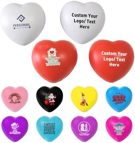 50 Pcs Custom Heart Stress Balls Bulk – 9 Colors PU Foam Squeeze Balls Personalized with Logo/Text/Image, Fun Party Favors & Holiday Giveaways for Adults (50)