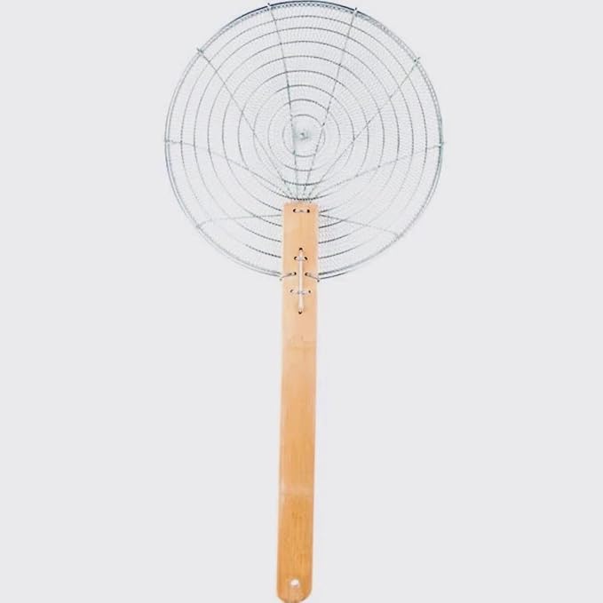 14-Inch Galvanized Steel Spider Strainer – Fine Mesh Skimmer with Natural Bamboo Handle for Cooking & Frying Ideal for Home & Professional Kitchens