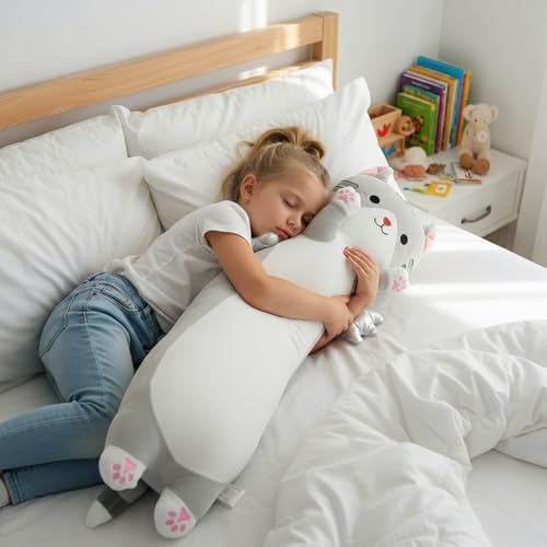 Somao 35.4" Long Cat Plush Pillow with Wings - Super Soft Stuffed Animal for Kids & Adults, Cute Body Pillow for Sleeping, Squishy Cat Plushies Gifts for Girls (Gray)