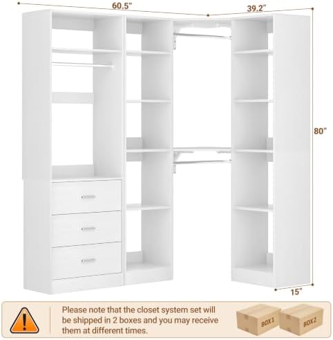 Besiost Corner Closet System with 3 Drawers, Corner Closet Organizer System