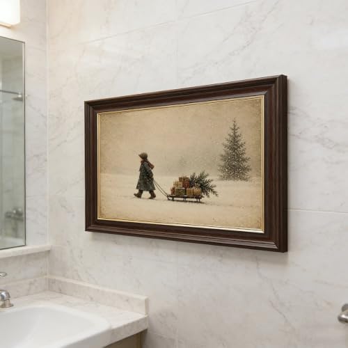 Vintage Child Sled Wrapped Boxes Evergreen Snow Christmas Canvas Wall Art