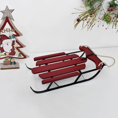 Christmas Wooden Sled Decoration Red Vintage Wood Decorative Wall Hanging Sled Christmas Holiday Decor Wooden Decorative Old Fashioned Sled Metal Sled with Natural Jute Rope Accent Burgundy