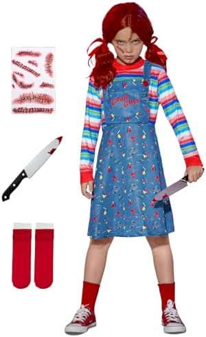 BesserBay Girl's 4PC Halloween Costume Horror Killer Dress Up Mock Two-Piece Blue Stripe 2-12 Years
