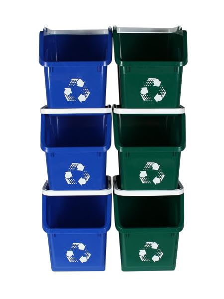 Multi Bin Recycling System with Three Stackable 6 Gallon Recycle Bins for Kitchen Use – Recycling Trash Can Set for Office, Garage, Businesses (6 Pack Blue/Green)