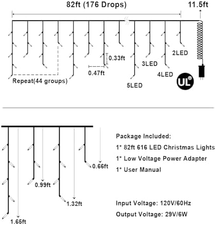 82FT LED Christmas Lights Outdoor with 176 Drops, Christmas Decorations Hanging Lights 616 LED 8 Modes, Fairy String Lights for Wedding Party Holiday Winter Wonderland Decorations Cool White & Blue