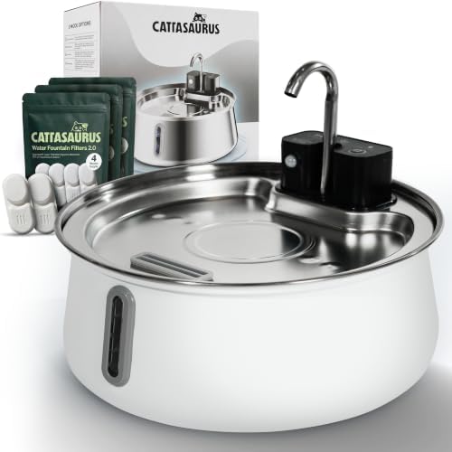 Cattasaurus Wireless 304 Stainless Steel Cat Water Fountain with Filtration, Automatic Water Dispenser for Cats, 135oz Large Capacity, Dishwasher Safe (White, Fountain + 14 Filters (3-Month Supply))