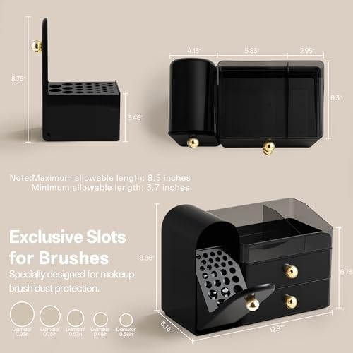 HBlife Makeup Organizer Countertop with Drawers, Cologne Organizer for Men, Vanity Organizers with Brush Holder, Bathroom Countertop Organizer Skin Care Storage, Gift for Dad Husband, Black and Gold
