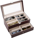 ProCase 12 Slots Sunglasses Organizer, 2 Layer Sunglass Case, Leather Eyeglass Cases for Display and Storage -Brown