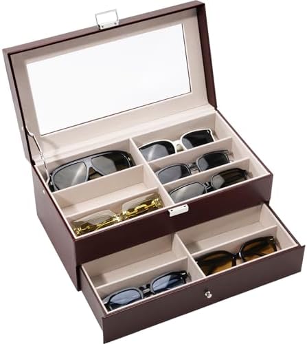 ProCase 12 Slots Sunglasses Organizer, 2 Layer Sunglass Case, Leather Eyeglass Cases for Display and Storage -Brown