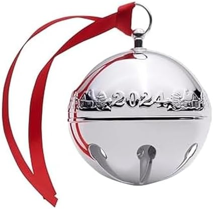 Wallace 2024 Annual Silver-Plated Sleigh Bell Ornament 54th Edition - Snowmen and Log Cabins Design - Handcrafted Collectible with Gift Box, Ribbon, and Velvet Pouch