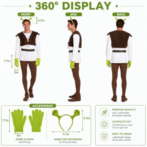 Adult Green Monster Costume Set with Ears Headband Gloves for Halloween