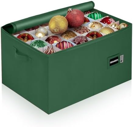 Christmas Ornament Storage Container with Dividers - Box Stores Up to 96 Ornaments, Zippered, Convenient, Adjustable, Large Organizer Bin to Protect Holiday Décor, Fits Most Standard Size, Green