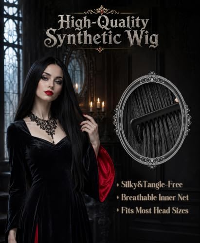 Morticia Addams Costume with Wig Women Halloween Gothic Maxi Dress